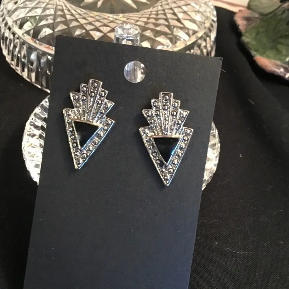 Silvertone and Black Triangle Earrings